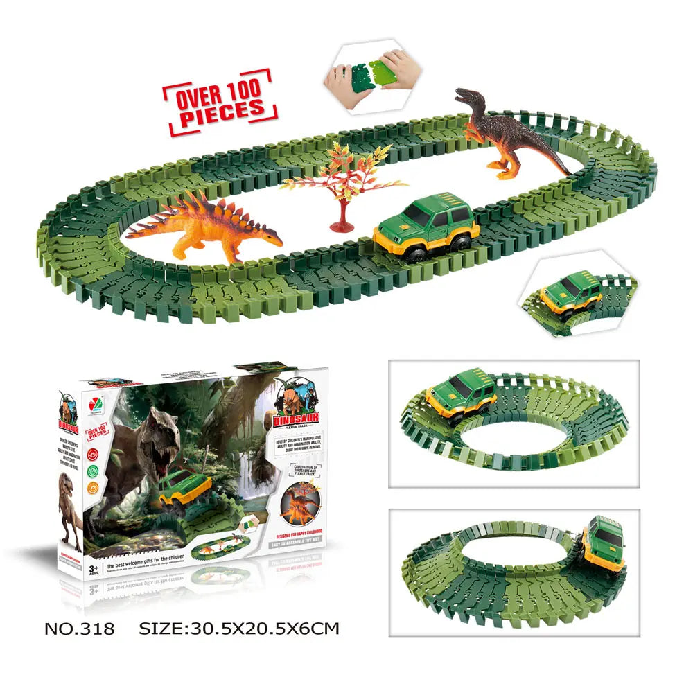 Dinosaur Race Track Toy Set | Flexible Railway Tracks with Light-Up Car for Kids