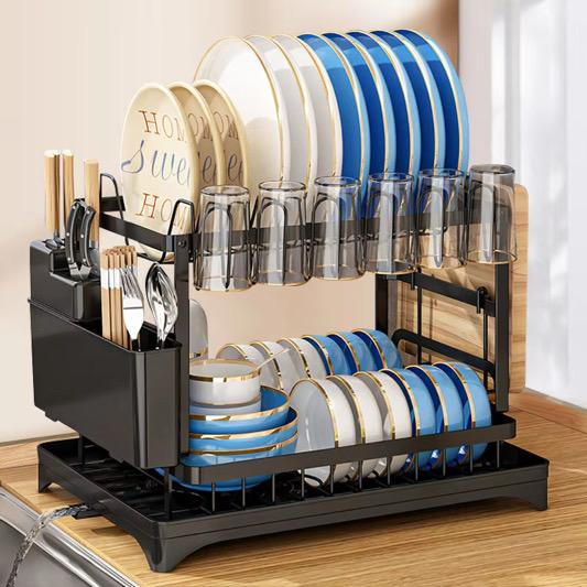 2-Tier Dish Drying Rack with Utensil Holder & Cup Hooks | Large Capacity Stainless Steel Dish Drainer for Kitchen Counter | Rustproof Space-Saving Dish Drying Stand with Drain Tray