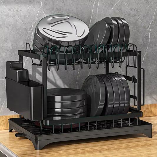 2-Tier Dish Drying Rack with Utensil Holder & Cup Hooks | Large Capacity Stainless Steel Dish Drainer for Kitchen Counter | Rustproof Space-Saving Dish Drying Stand with Drain Tray